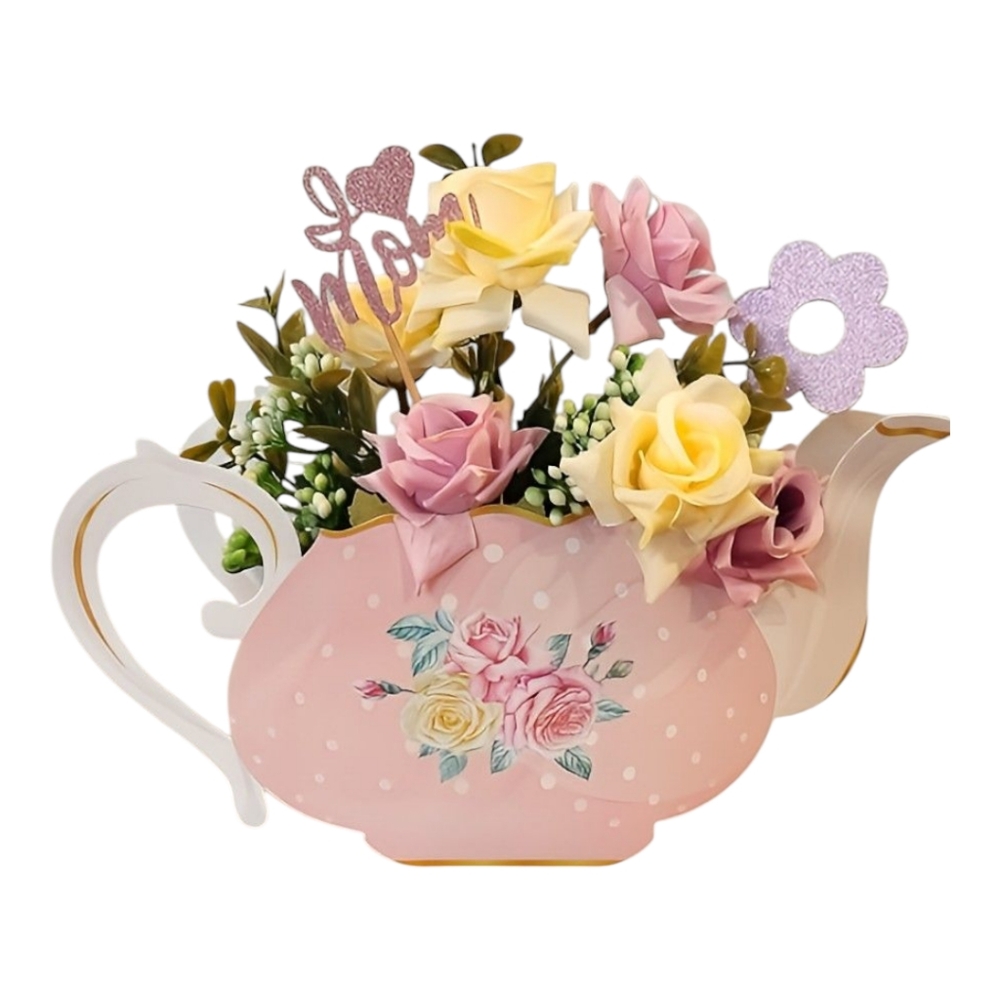 Artificial flowers + decorative box +  "I Love Mom" sign.